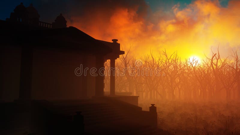 Alter Tempel auf einem epischen brennenden Sonnenuntergang lizenzfreie abbildung
