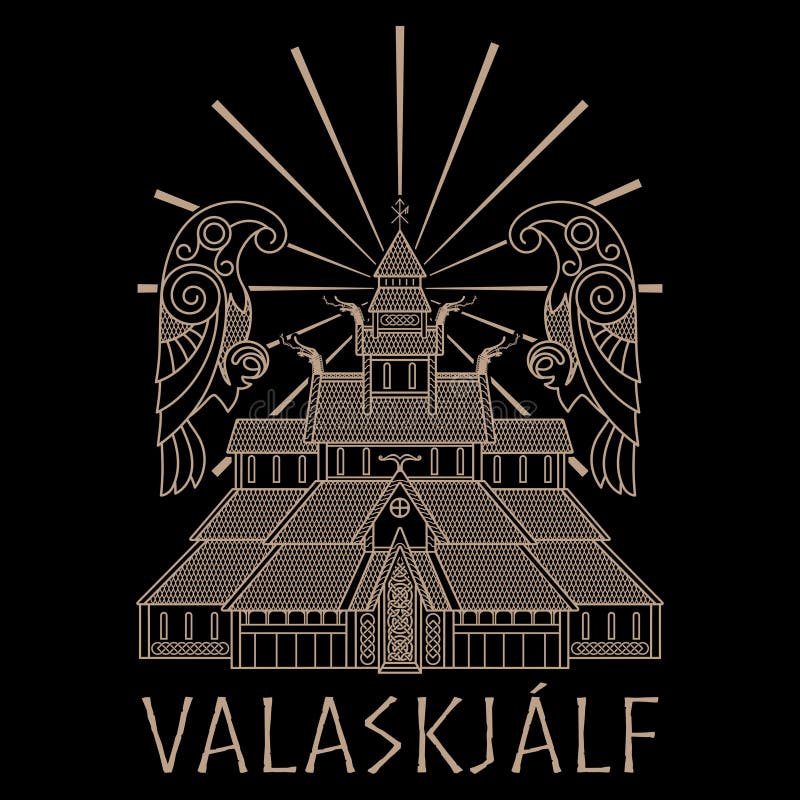 Alter Tempel des Skandinavier-Gottes Odin - Valaskjalf, Odins-Hallen und zwei Krähen Huginn und Muninn lizenzfreie abbildung