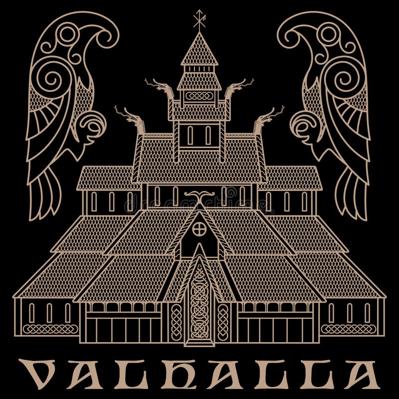 Alter Tempel des Skandinavier-Gottes Odin - Valaskjalf, Odins-Hallen und zwei Krähen Huginn und Muninn vektor abbildung