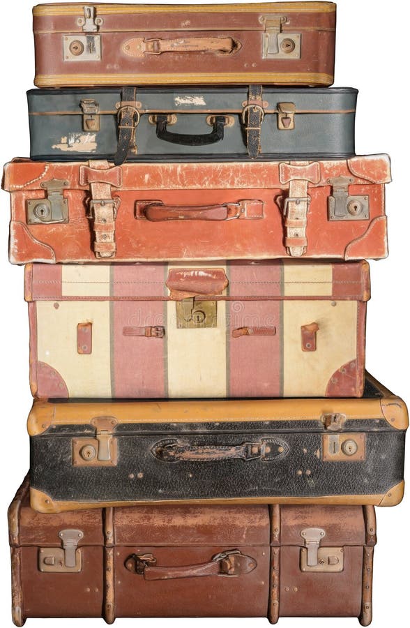 Stack of old vintage retro suitcases and luggage. Each suitcase is an antique. Abstract concept for travel, vacation, and going on holiday. Isolated on white, PNG file available. Stack of old vintage retro suitcases and luggage. Each suitcase is an antique. Abstract concept for travel, vacation, and going on holiday. Isolated on white, PNG file available.