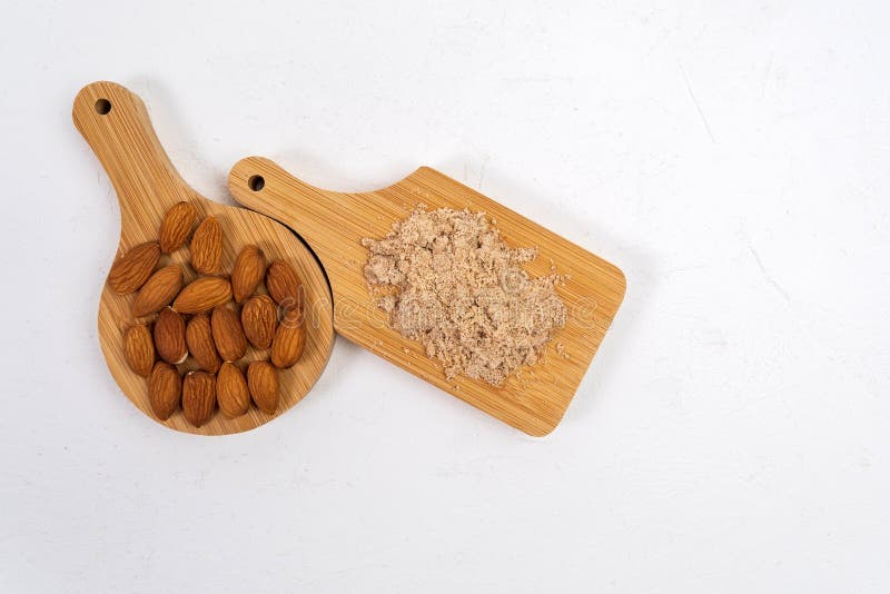 Alternative Almond Flour. Grated Crushed Almonds, White Background