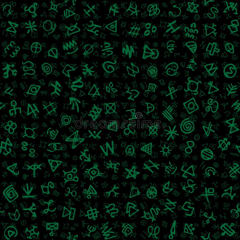 Digital green glyphs and mystic ancient symbols vector seamless background. vector illustration