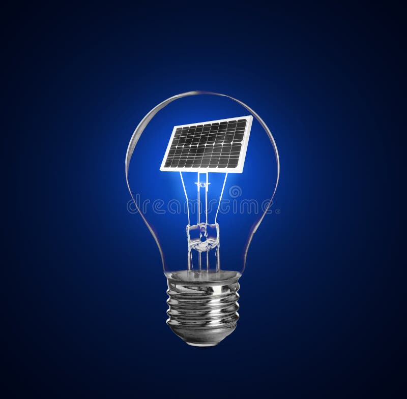 Alternative Energy Source. Light Bulb with Solar Panel on Background