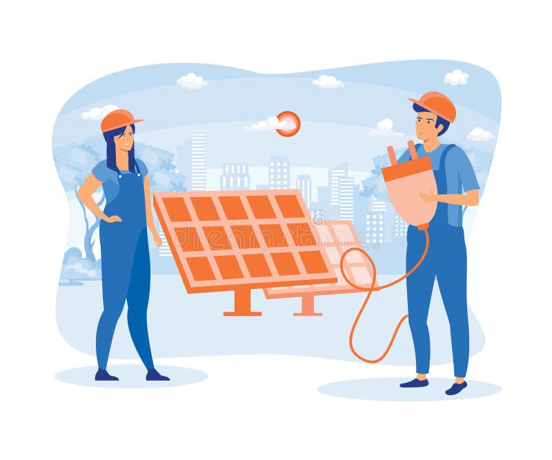 Alternative energy source with solar panels, solar panel power and Engineer character. Green and environmentally friendly energy. royalty free illustration