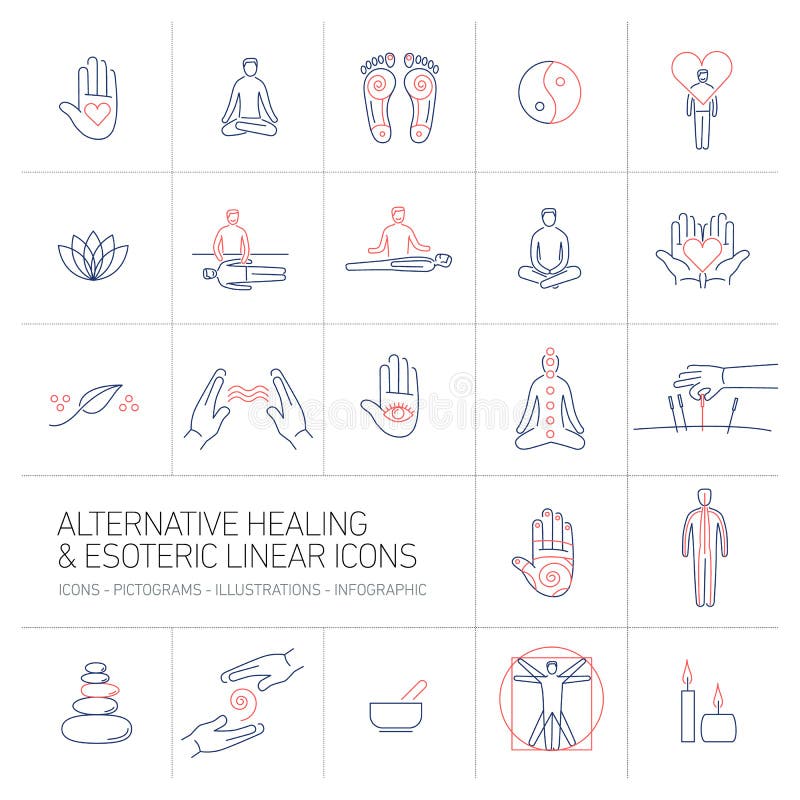 Alternative healing and esoteric linear icons set blue and red