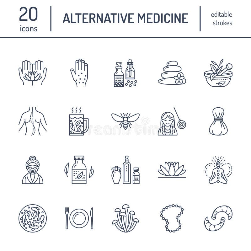 Alternative medicine line icons. Naturopathy, traditional treatment, homeopathy, osteopathy, herbal fish and leech