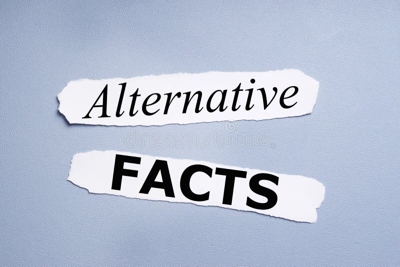 Alternative facts, phrase printed on pieces of paper over blue background. Alternative facts, phrase printed on pieces of paper over blue background