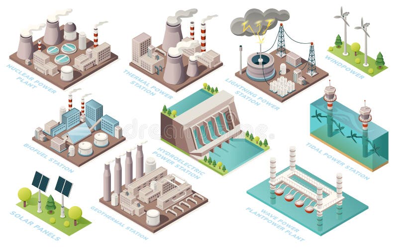 Alternative energy and power plants and green electric energy generation stations, vector isometric icons. Solar panels, bio fuel, thermal or geothermal, nuclear, tidal and water wave power stations. Alternative energy and power plants and green electric energy generation stations, vector isometric icons. Solar panels, bio fuel, thermal or geothermal, nuclear, tidal and water wave power stations