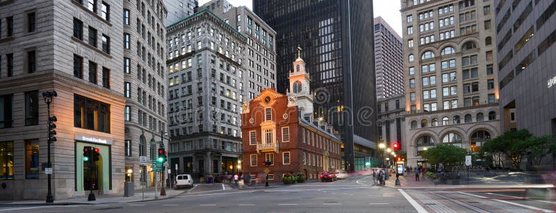 Boston, MA, USA - August 20, 2016: Old State House and the skyscrapers of the Financial District at night in Boston, Massachusetts, USA. Boston, MA, USA - August 20, 2016: Old State House and the skyscrapers of the Financial District at night in Boston, Massachusetts, USA