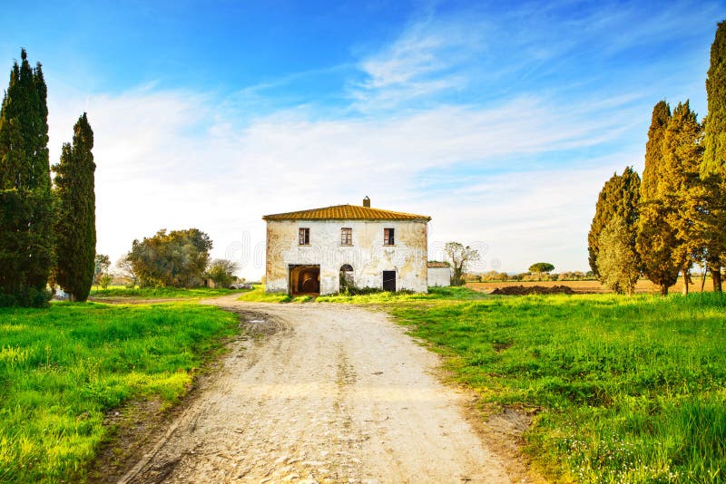 Altes verlassenes ländliches Haus, Straße und Bäume auf Sonnenuntergang. Toskana, Italien lizenzfreie stockfotografie Altes verlassenes ländliches Haus, Straße und Bäume auf Sonnenuntergang. Toskana, Italien lizenzfreie stockfotografie