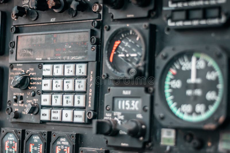 Details of control panel in military helicopter cockpit
