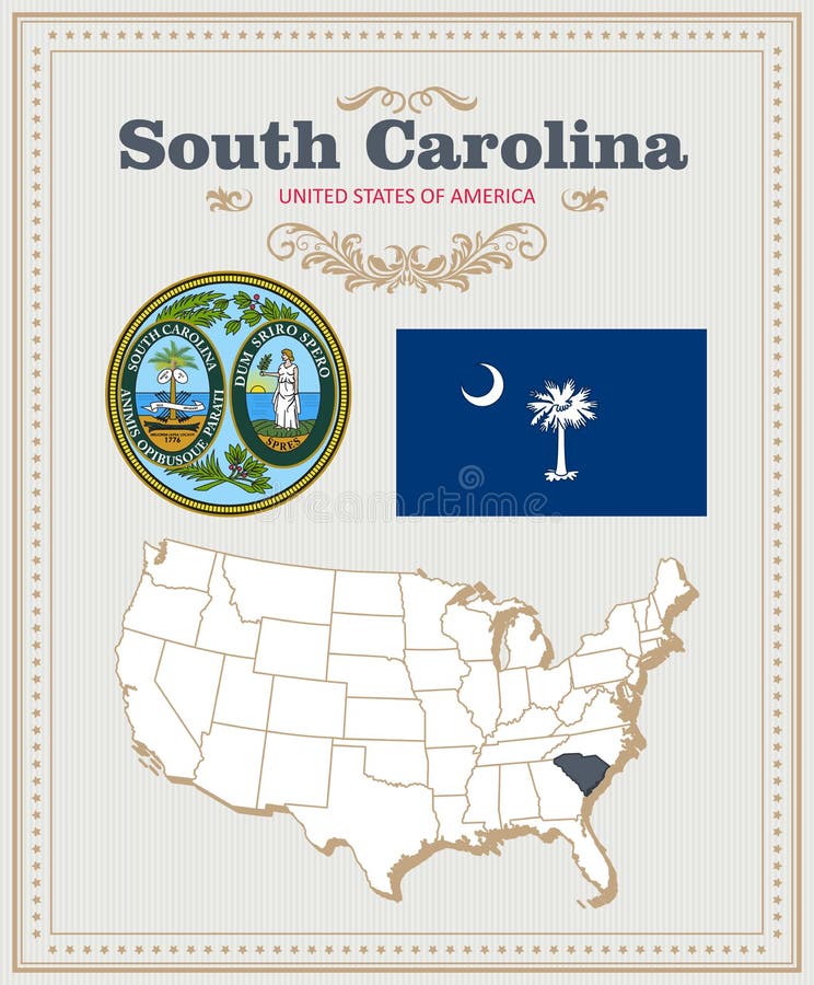 Alto insieme dettagliato di vettore con la bandiera, stemma Carolina del Sud Manifesto americano Cartolina d'auguri illustrazione di stock Alto insieme dettagliato di vettore con la bandiera, stemma Carolina del Sud Manifesto americano Cartolina d'auguri illustrazione di stock