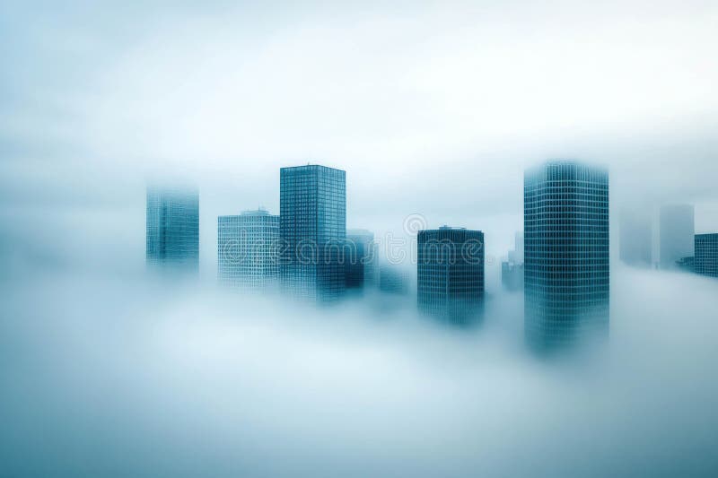 Altos edificios envueltos en una espesa niebla con una misteriosa atmósfera urbana stock de ilustración