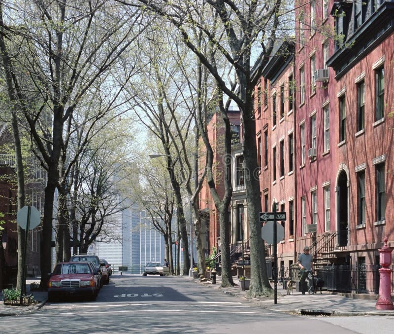 Tree lined street in Brooklyn Heights, New York. Across the East River, Manhattan is visible at the end of the street. Tree lined street in Brooklyn Heights, New York. Across the East River, Manhattan is visible at the end of the street.