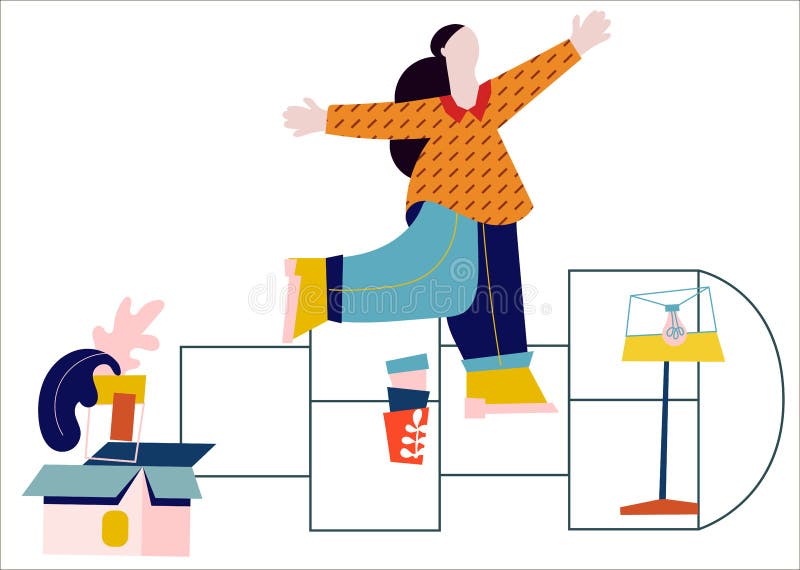 Aluguéis da mulher um apartamento, viagem, aluguel de alojamento Ilustração lisa do vetor do projeto ilustração royalty free Aluguéis da mulher um apartamento, viagem, aluguel de alojamento Ilustração lisa do vetor do projeto ilustração royalty free