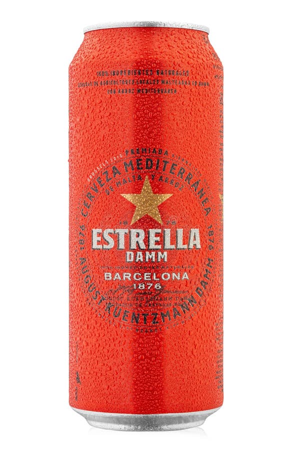 Aluminium Can of Estrella Damm Beer on White Background. Estrella Damm ...