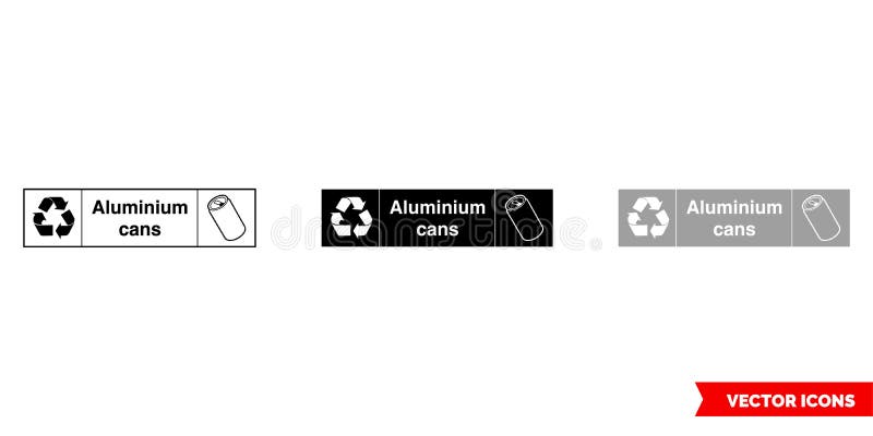 Aluminium cans landscape metal recycling sign icon of 3 types color, black and white, outline. Isolated vector sign symbol