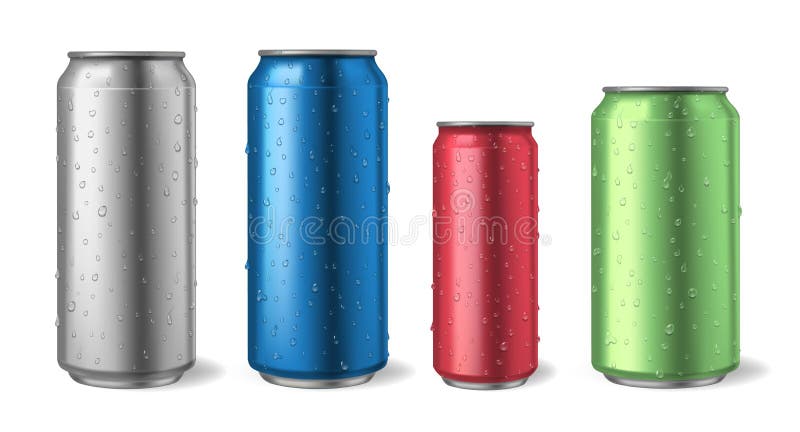 Aluminium cans with water drops. Realistic metal can mockups for soda, alcohol, lemonade and energy drink illustration