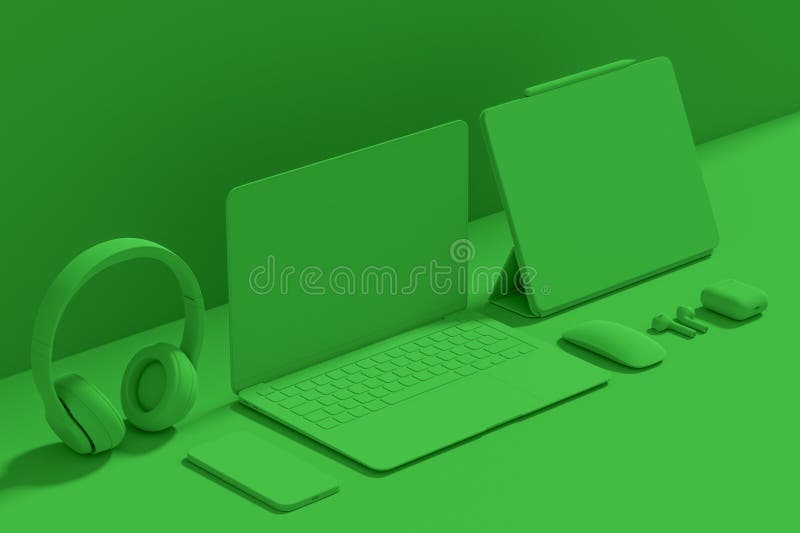 Aluminum laptop with graphic tablet, mouse, headphones and phone isolated on monochrome background. 3D render concept of creative designer equipment and compact workspace. Aluminum laptop with graphic tablet, mouse, headphones and phone isolated on monochrome background. 3D render concept of creative designer equipment and compact workspace