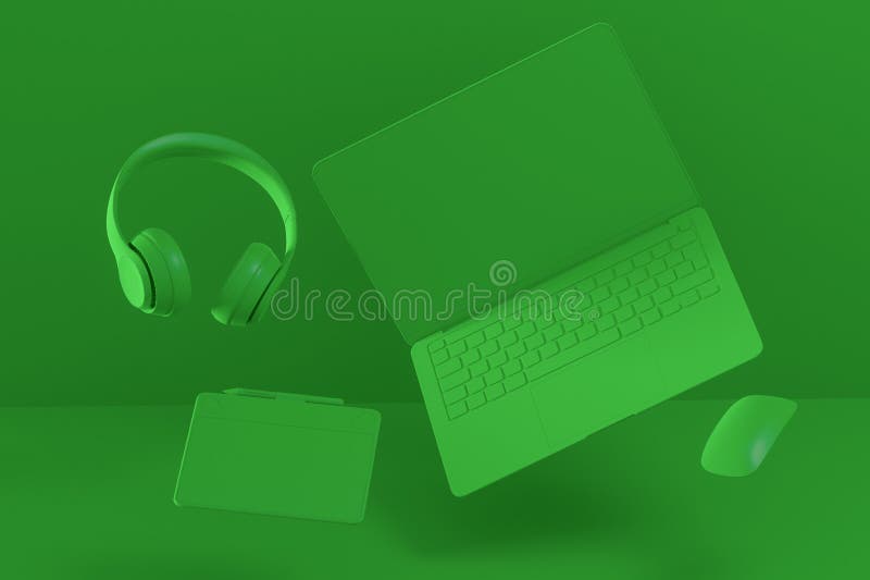 Aluminum laptop with graphic tablet, mouse, headphones and phone isolated on monochrome background. 3D render concept of creative designer equipment and compact workspace. Aluminum laptop with graphic tablet, mouse, headphones and phone isolated on monochrome background. 3D render concept of creative designer equipment and compact workspace