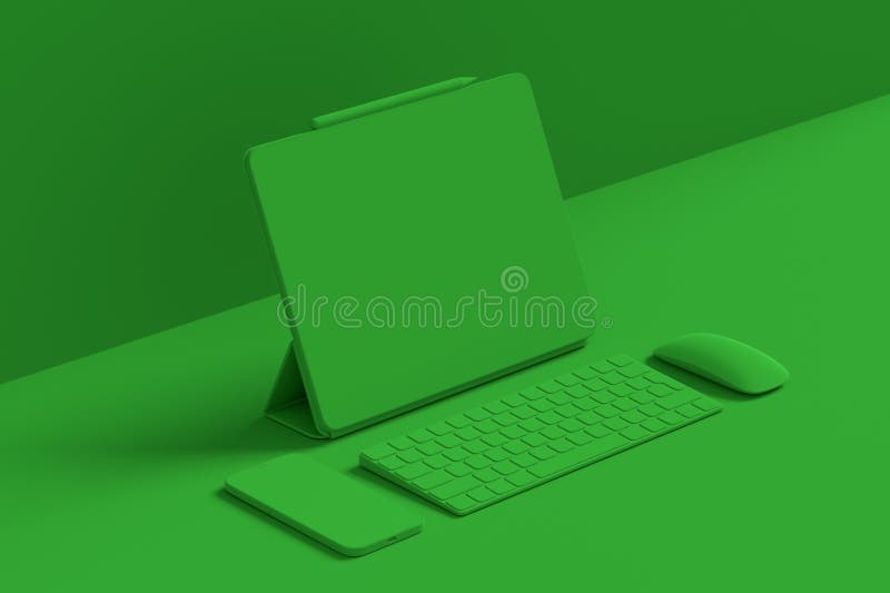 Aluminum laptop with graphic tablet, mouse, headphones and phone isolated on monochrome background. 3D render concept of creative designer equipment and compact workspace. Aluminum laptop with graphic tablet, mouse, headphones and phone isolated on monochrome background. 3D render concept of creative designer equipment and compact workspace