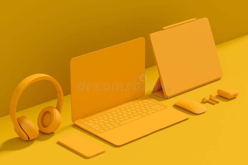 Aluminum laptop with graphic tablet, mouse, headphones and phone isolated on monochrome background. 3D render concept of creative designer equipment and compact workspace. Aluminum laptop with graphic tablet, mouse, headphones and phone isolated on monochrome background. 3D render concept of creative designer equipment and compact workspace