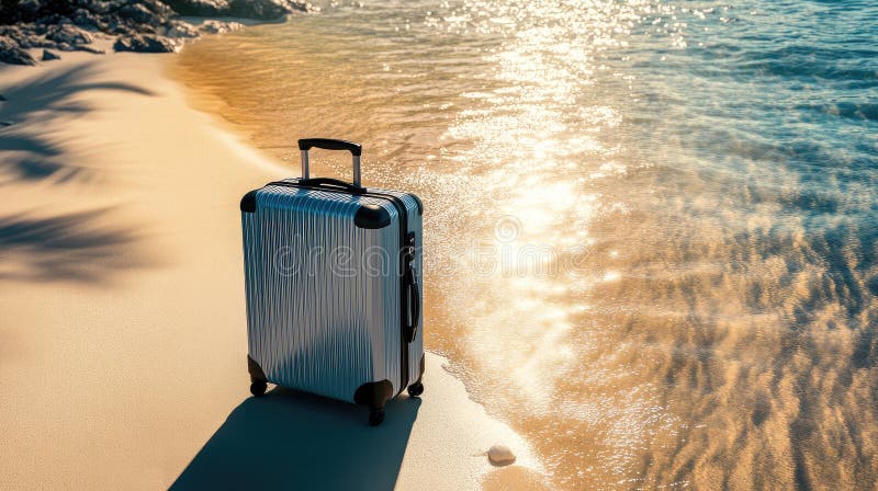 Aluminiumkoffer am leeren Strand. Urlaubs- oder Reisekonzept vektor abbildung