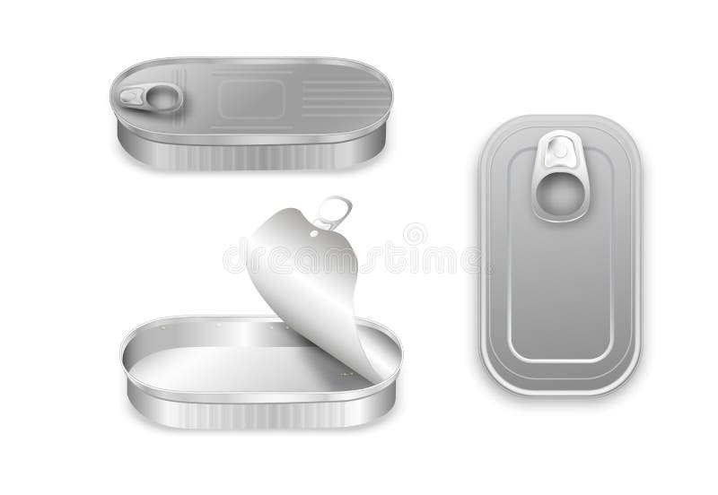 Aluminium tin can set of realistic open and closed containers with pull ring isolated vector illustration. Aluminium tin can set of realistic open and closed containers with pull ring isolated vector illustration