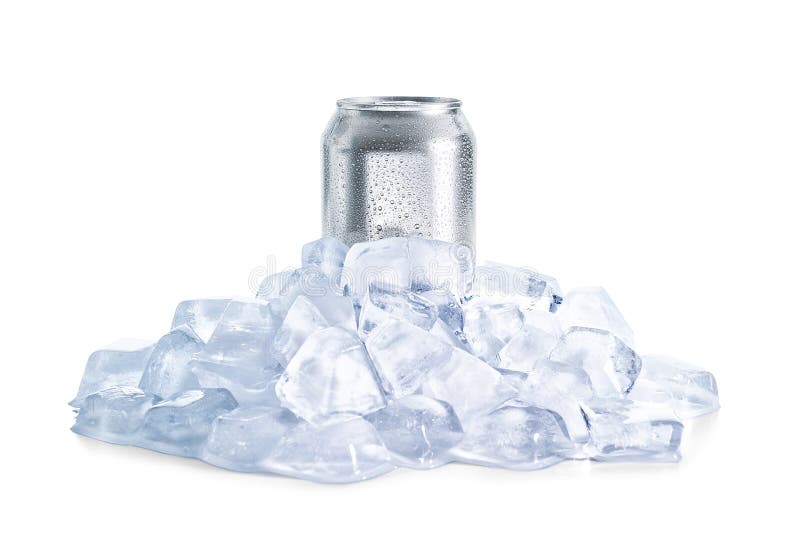 Aluminum can of cold beer in ice on white background