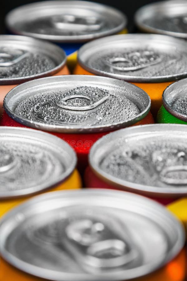 Aluminum Cans with Carbonated Water, Energy Drinks or Beer Stock Photo