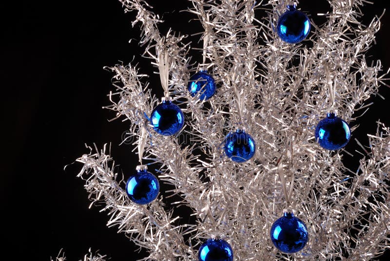 Vintage Aluminum Christmas Tree with blue ornaments