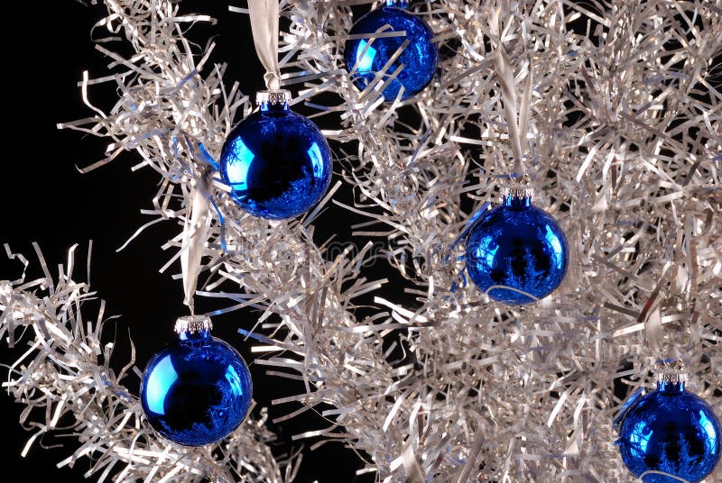 Vintage Aluminum Christmas Tree with blue ornaments