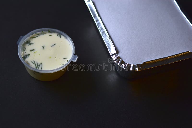 Aluminum Container with Food and White Sauce with a Jar Stock Image Image of gratin, catering