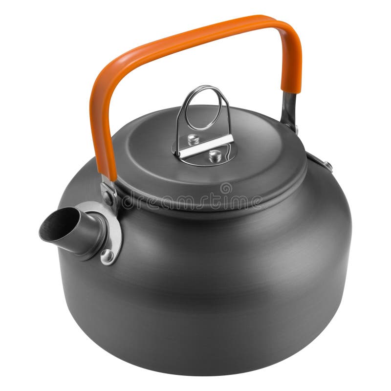 Aluminum Gray Kettle, with an Orange Handle, Camping Utensils, on a