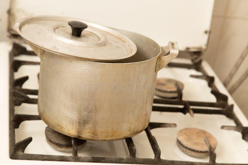 Aluminum Pan on Old Dirty Gas Stove Stock Image Image of chaos