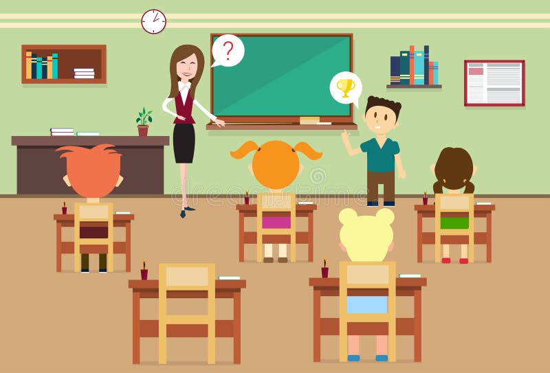 Alumnos de la lección de la escuela e interior de In Class Room del profesor ilustración del vector Alumnos de la lección de la escuela e interior de In Class Room del profesor ilustración del vector