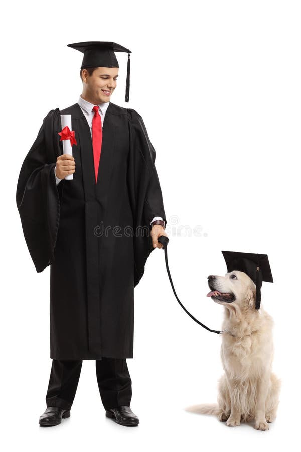 Full length portrait of a graduate student and a dog with a graduation hat looking at each other isolated on white background. Full length portrait of a graduate student and a dog with a graduation hat looking at each other isolated on white background