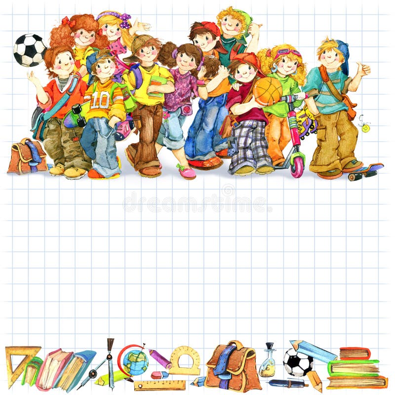 Alunos e de volta ao fundo da escola para a ilustração da aquarela da celebração ilustração stock Alunos e de volta ao fundo da escola para a ilustração da aquarela da celebração ilustração stock