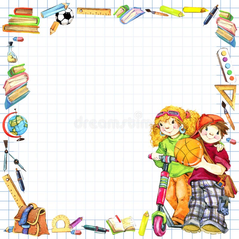 Alunos e de volta ao fundo da escola para a ilustração da aquarela da celebração ilustração stock Alunos e de volta ao fundo da escola para a ilustração da aquarela da celebração ilustração stock