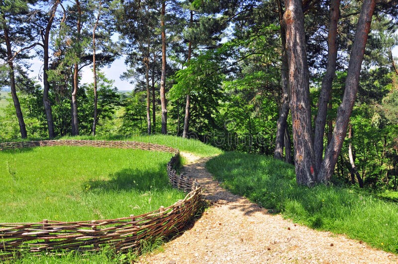 Little wooden fence bounding a walking alley in the forest. Little wooden fence bounding a walking alley in the forest