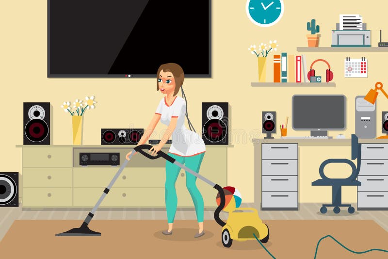 Ama de casa que limpia con la aspiradora a casa con un aspirador en el cuarto Youn ilustración del vector Ama de casa que limpia con la aspiradora a casa con un aspirador en el cuarto Youn ilustración del vector