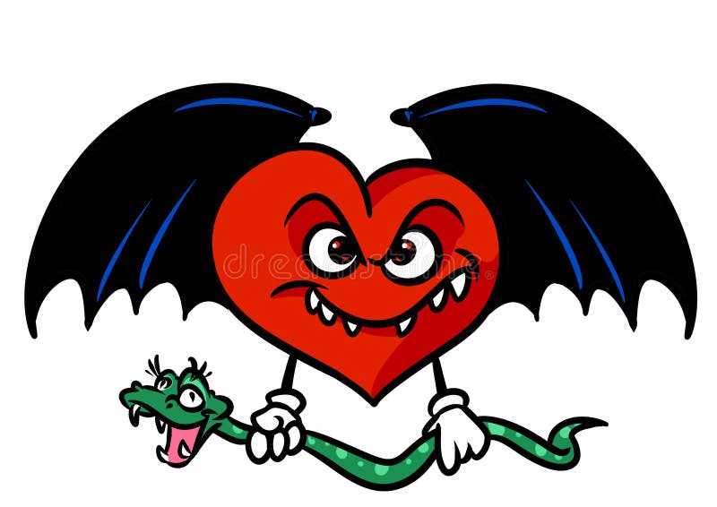 Ama il malvagio serpente a sorpresa il cuore rosso le ali nere personaggio cartoni animati illustrazione di stock Ama il malvagio serpente a sorpresa il cuore rosso le ali nere personaggio cartoni animati illustrazione di stock