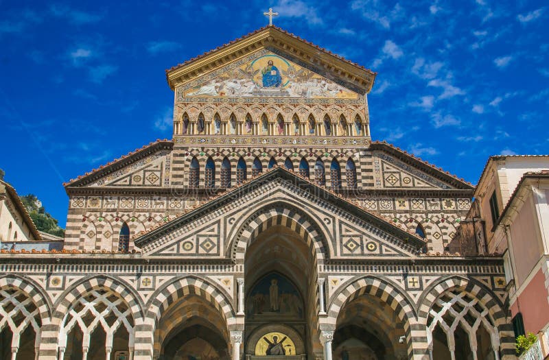 The Amalfi cathedral dedicated to the Apostle Saint Andrew in the Piazza del Duomo in Amalfi Italy off the coast of Salerno Gulf on the Tyrrhenian Sea, Europe