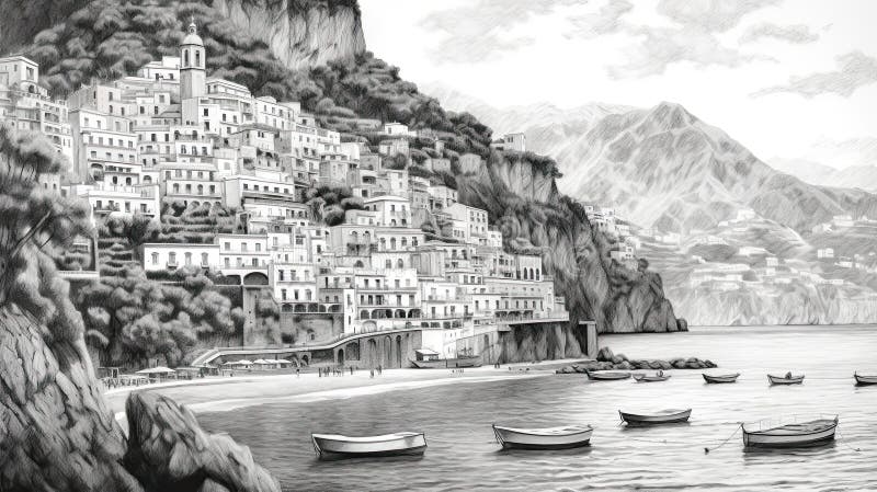 Amalfi Coast Italy Illustration in Black and White Pencil Sketch - Made ...