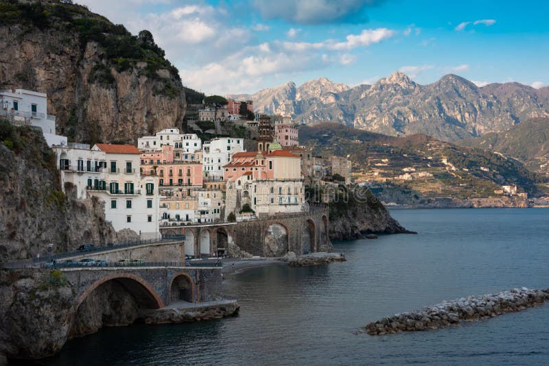 Amalfi Coast in Italy, Small Town of Atrani on Rocky Coast Stock Photo ...