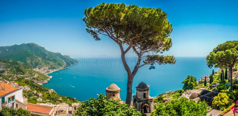 Amalfi Coast from Villa Rufolo gardens in Ravello, Campania, Italy