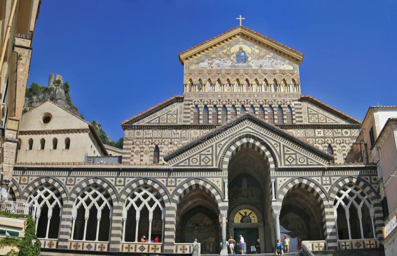 Facade of Saint Andrews cathedral or Cattedrale di S.Andrea in Amalfi covered with Byzantine mosaics, Amalfi, Amalfi coast, Unesco world heritage,Italy. Facade of Saint Andrews cathedral or Cattedrale di S.Andrea in Amalfi covered with Byzantine mosaics, Amalfi, Amalfi coast, Unesco world heritage,Italy