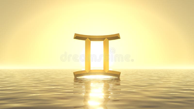 Heavenly sunrise on golden sea with sign of twins on front of sun. suitable for zodiac, sea and religious themes. 3d illustration. Heavenly sunrise on golden sea with sign of twins on front of sun. suitable for zodiac, sea and religious themes. 3d illustration