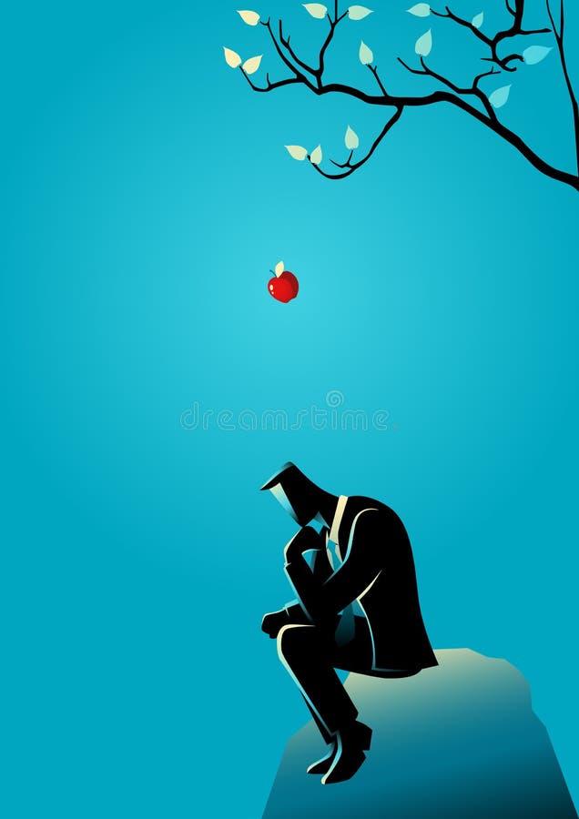 Amanecer descendente de Apple a la cabeza de un hombre de negocios de pensamiento ilustración del vector Amanecer descendente de Apple a la cabeza de un hombre de negocios de pensamiento ilustración del vector
