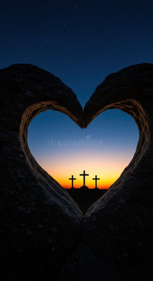 Amanecer rompiendo las cruces vistas a través de una ventana en forma de corazón ilustración del vector